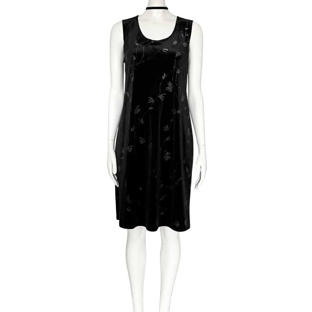 Vintage 90s Y2K Black Velvet Sleeveless Party Dress Whimsigoth Glitter Medium 10